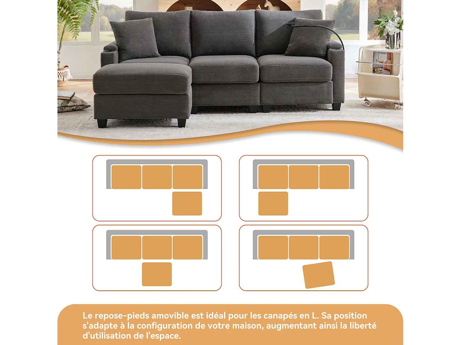 Canapé d'angle 3 places avec USB, porte-gobelet, repose-pieds et rangement. Inclut 2 coussins. Idéal salon, bureau ou appartement. Gris foncé.