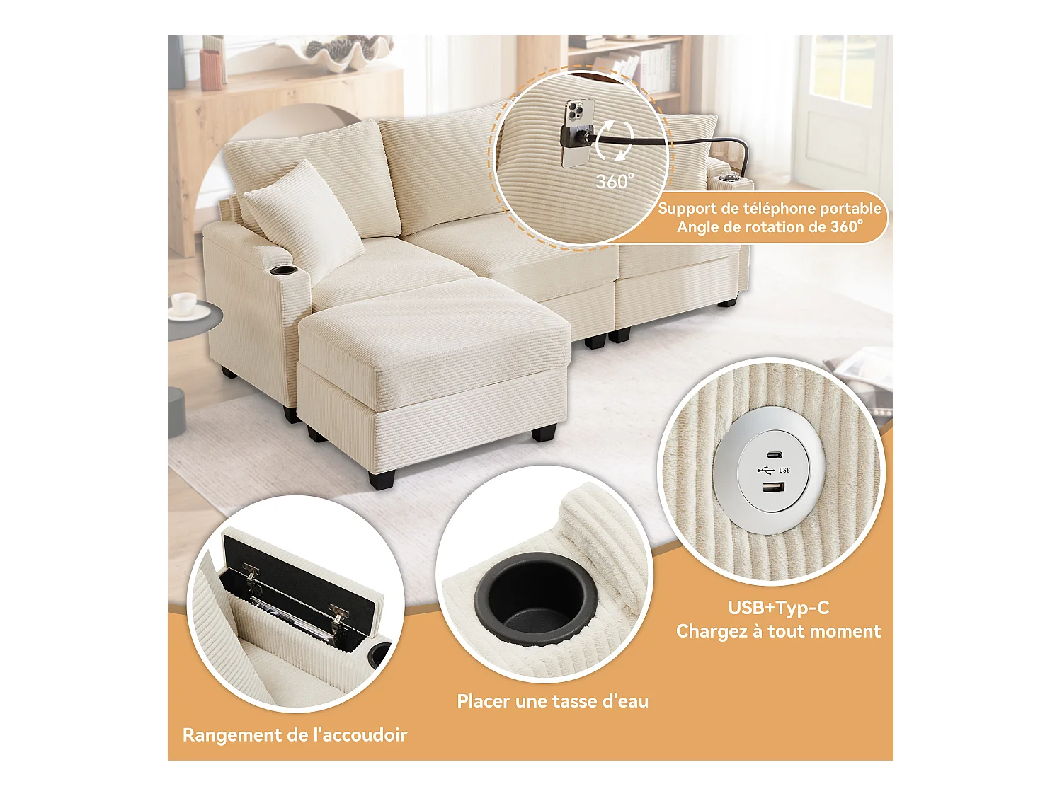 L-Form Ecksofa mit USB-Ladung & Getränkehalter. Umwandelbarer 3-Sitzer mit Fußhocker, Armlehnenablage & 2 Kissen. Ideal für Wohnzimmer, Büro, Wohnung. Farbe: Beige.