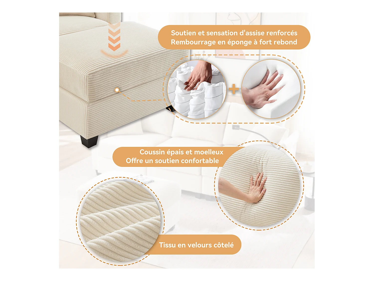 L-Form Ecksofa mit USB-Ladung & Getränkehalter. Umwandelbarer 3-Sitzer mit Fußhocker, Armlehnenablage & 2 Kissen. Ideal für Wohnzimmer, Büro, Wohnung. Farbe: Beige.