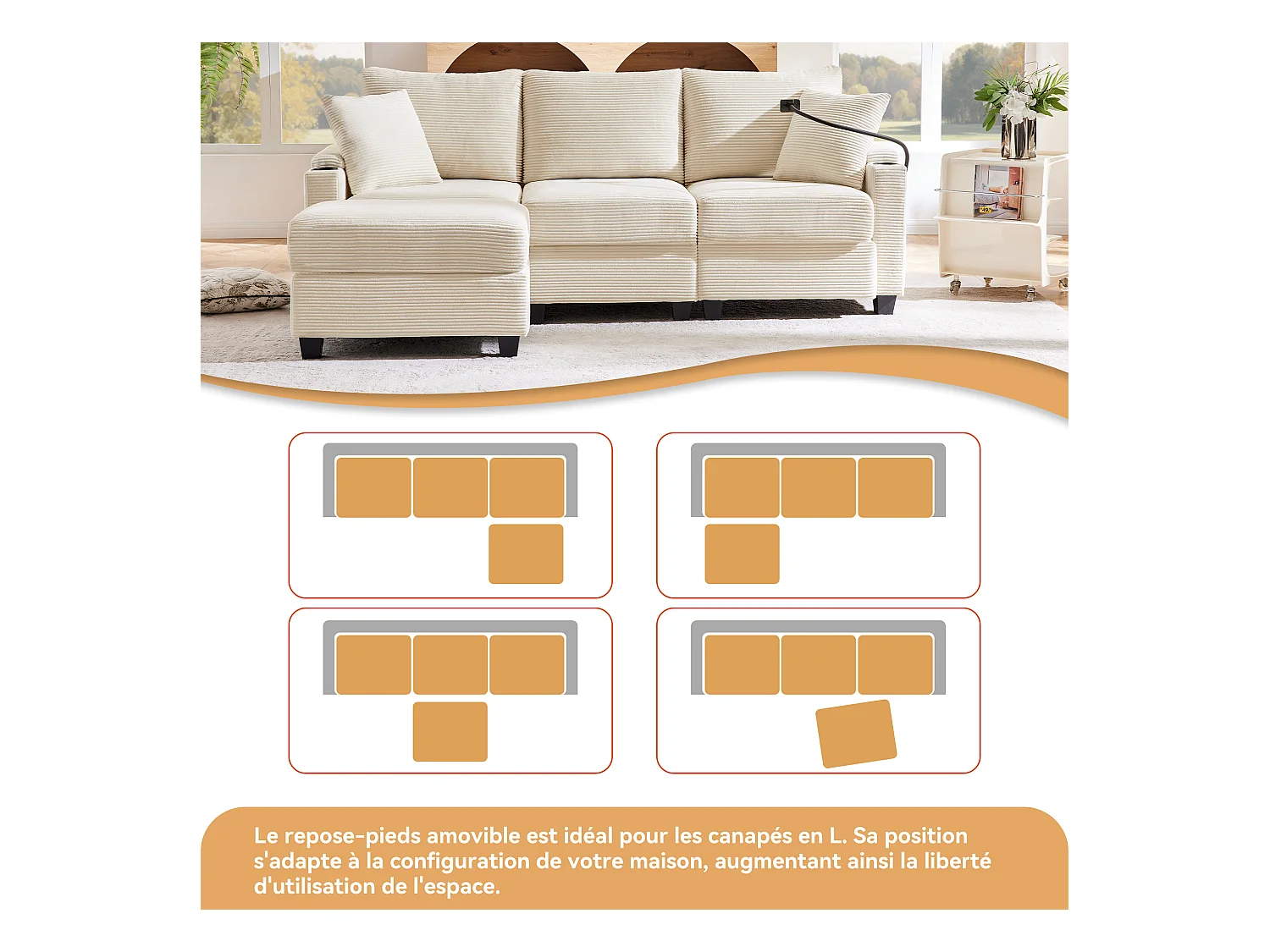 L-Form Ecksofa mit USB-Ladung & Getränkehalter. Umwandelbarer 3-Sitzer mit Fußhocker, Armlehnenablage & 2 Kissen. Ideal für Wohnzimmer, Büro, Wohnung. Farbe: Beige.