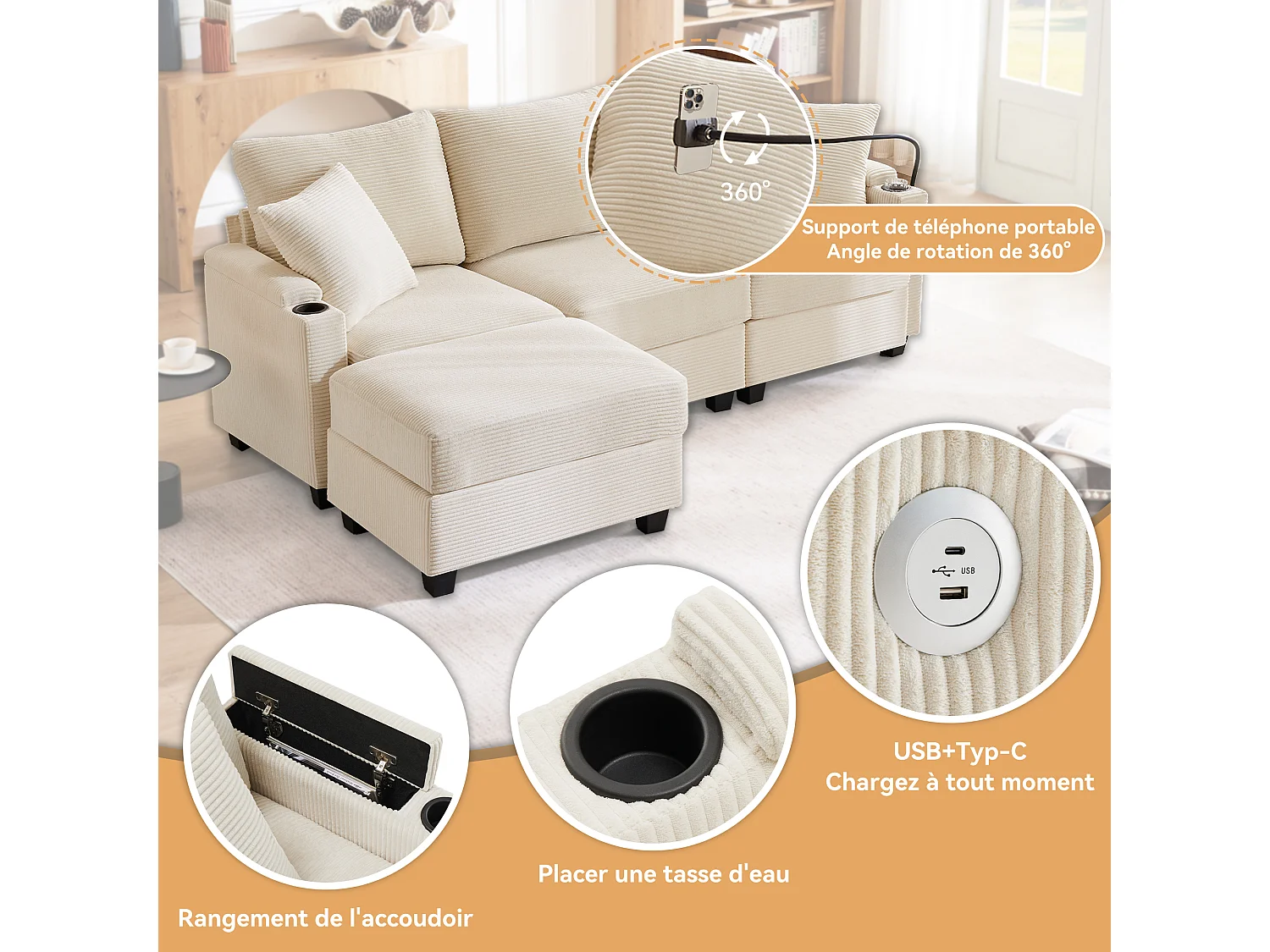 Sofá 3 lugares c/ USB, suporte copos, apoio pés e arrumação. Inclui 2 almofadas. Ideal para sala, escritório ou apartamento. Bege.