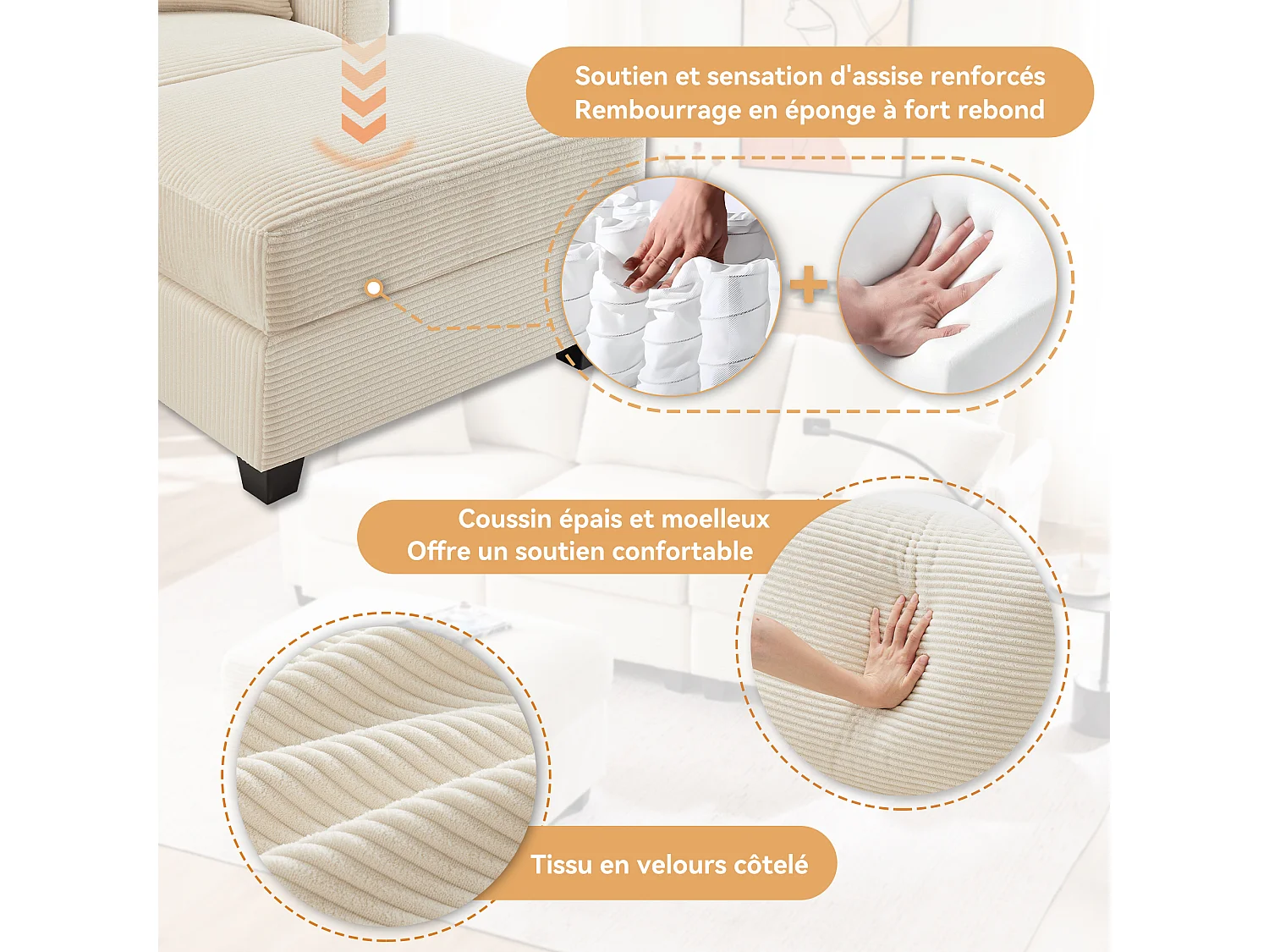 Sofá 3 lugares c/ USB, suporte copos, apoio pés e arrumação. Inclui 2 almofadas. Ideal para sala, escritório ou apartamento. Bege.