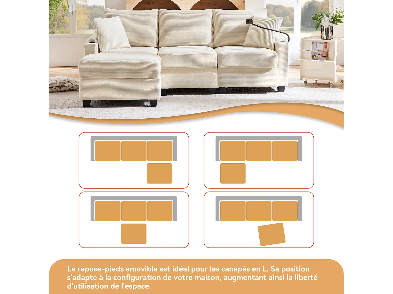Sofá 3 lugares c/ USB, suporte copos, apoio pés e arrumação. Inclui 2 almofadas. Ideal para sala, escritório ou apartamento. Bege.