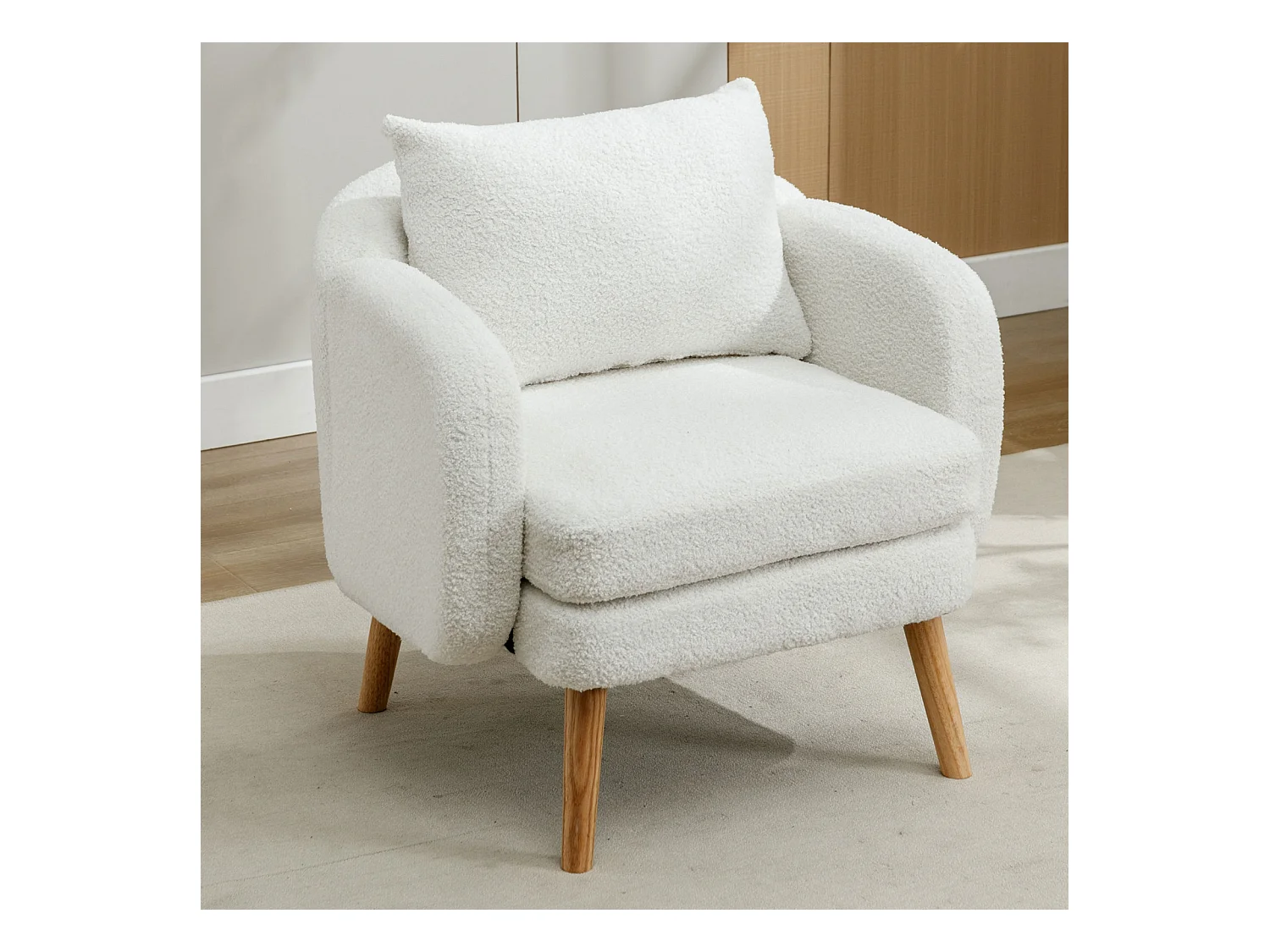Fauteuil en velours Teddy avec coussin, rembourrage extra épais, fauteuil simple moderne avec pieds en bois massif, chaise de loisirs confortable pour le salon