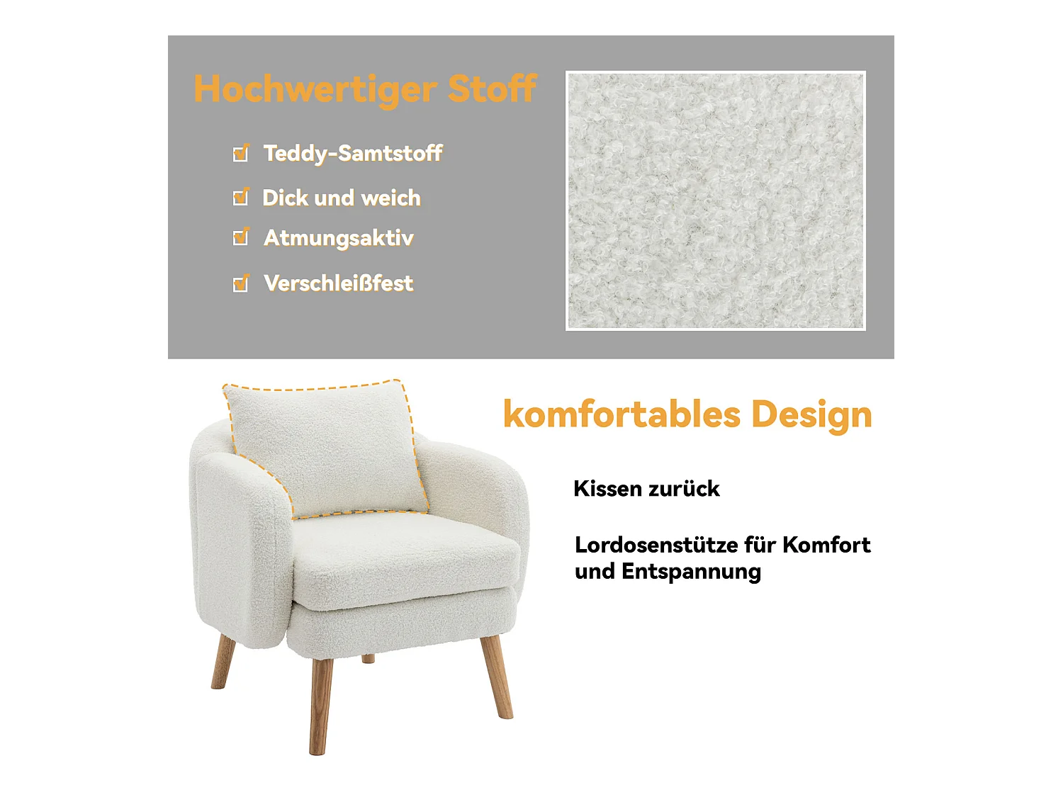 Fauteuil en velours Teddy avec coussin, rembourrage extra épais, fauteuil simple moderne avec pieds en bois massif, chaise de loisirs confortable pour le salon