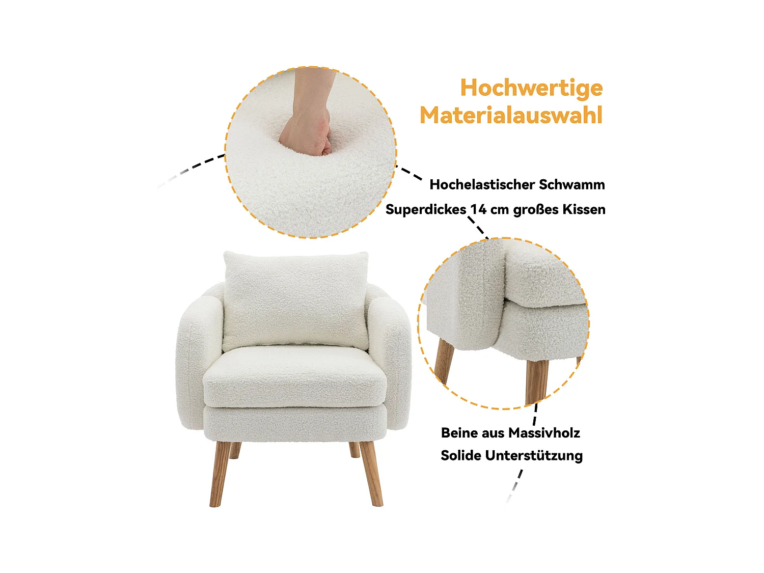 Fauteuil en velours Teddy avec coussin, rembourrage extra épais, fauteuil simple moderne avec pieds en bois massif, chaise de loisirs confortable pour le salon