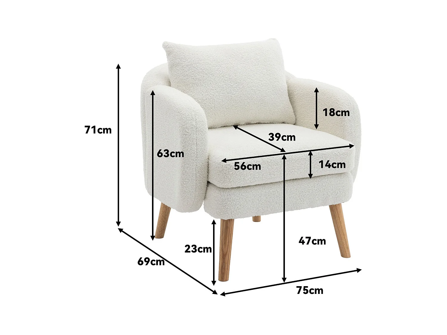 Teddy fluwelen fauteuil met kussen, extra dikke bekleding, moderne eenpersoons fauteuil met massief houten poten, comfortabele vrijetijdsstoel voor in de woonkamer