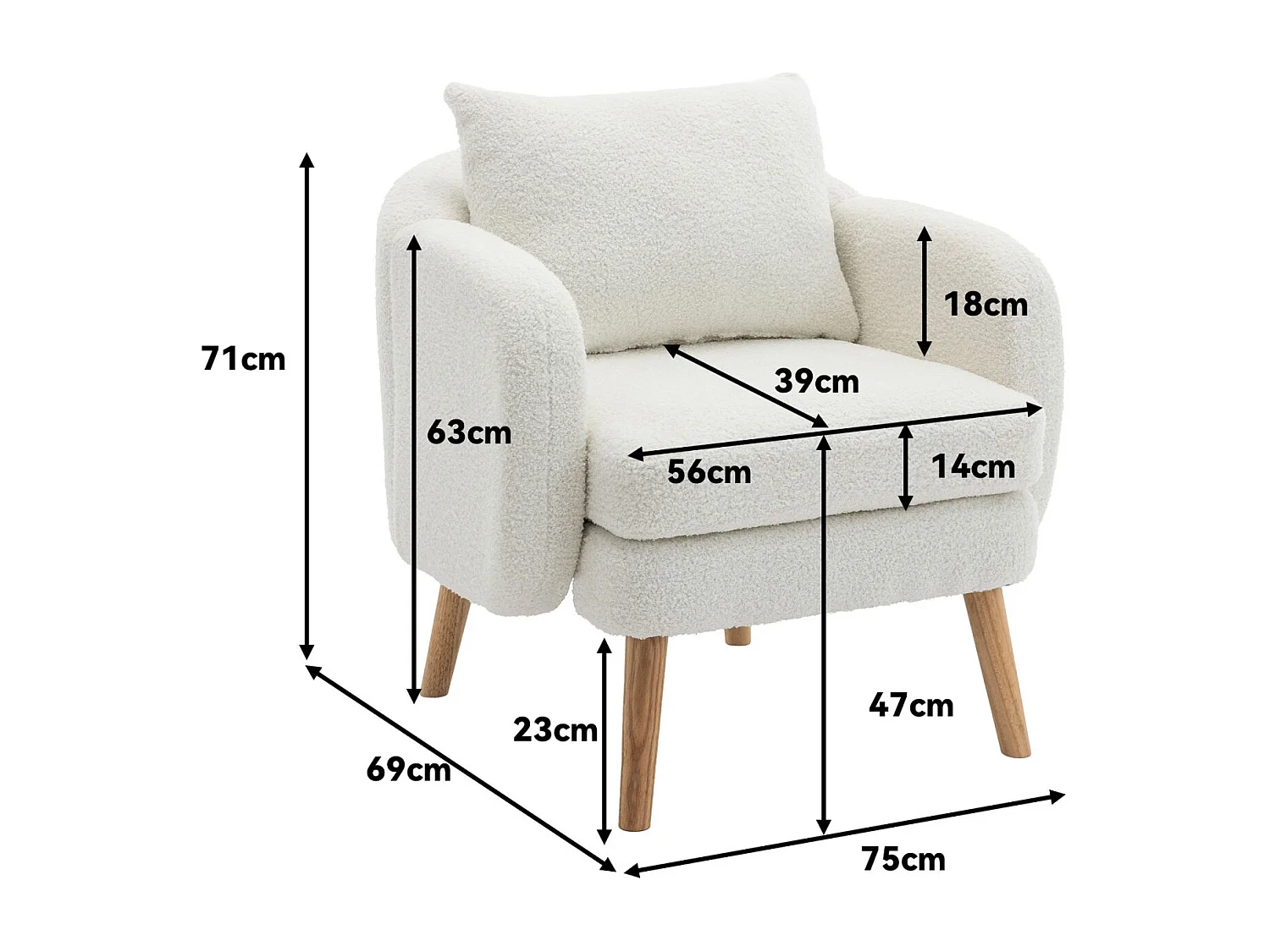 Poltrona Teddy in velluto con cuscino e gambe in legno. Imbottitura extra spessa, ideale per il soggiorno.