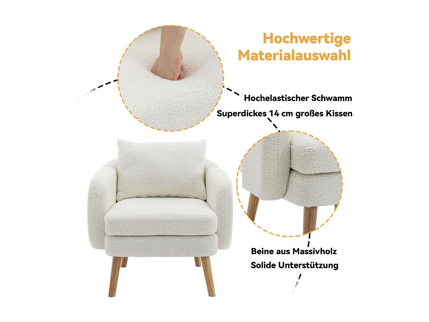 Poltrona Teddy in velluto con cuscino e gambe in legno. Imbottitura extra spessa, ideale per il soggiorno.