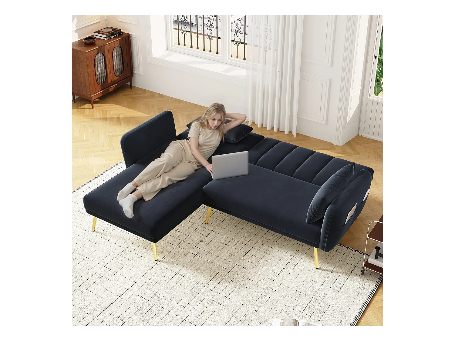Canapé en L pliant avec fonction couchage et angle supplémentaire. Gain de place pour salon, chambre, chambre d'amis et home cinéma. Vidéo incluse.