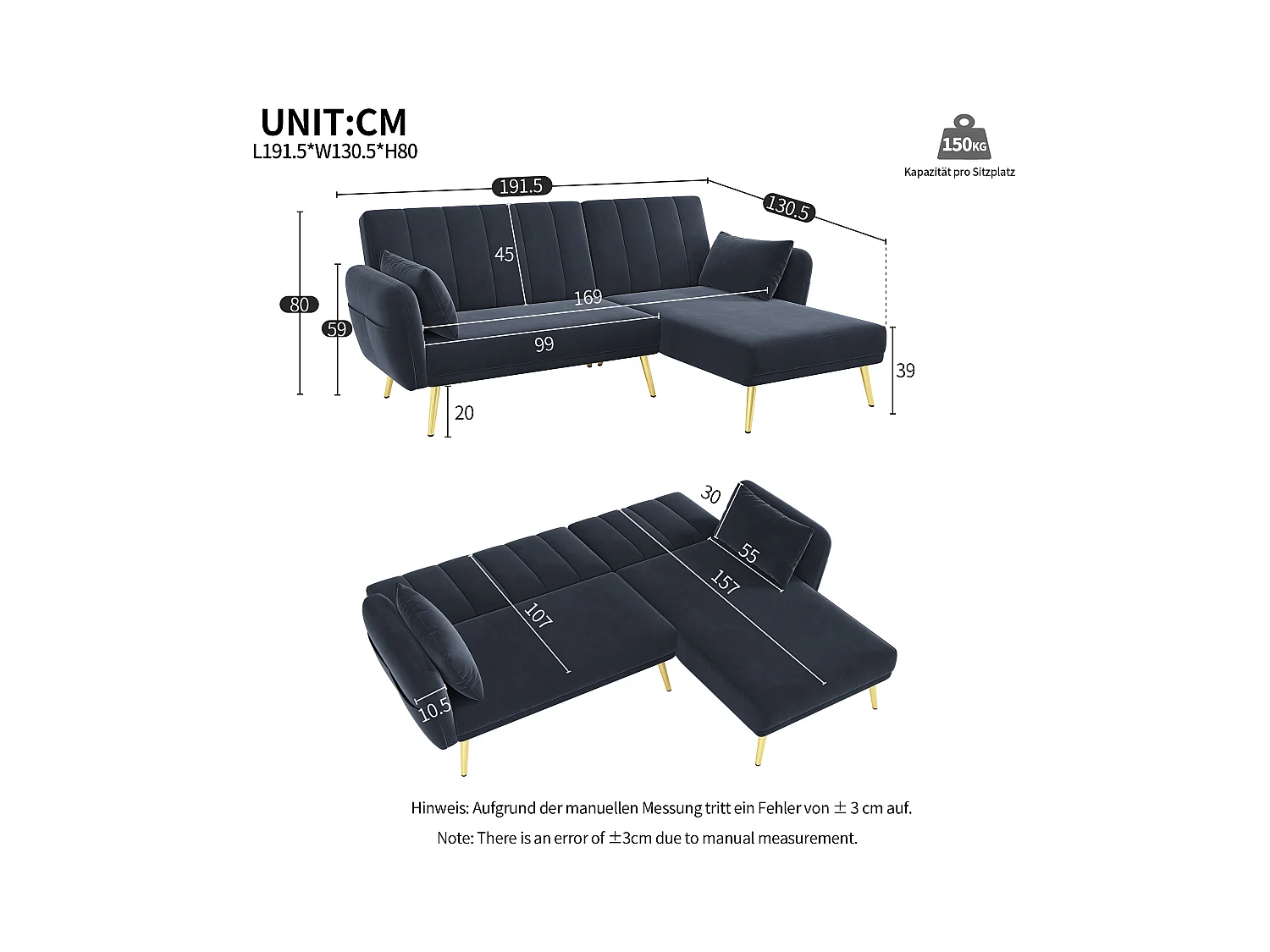 Canapé en L pliant avec fonction couchage et angle supplémentaire. Gain de place pour salon, chambre, chambre d'amis et home cinéma. Vidéo incluse.