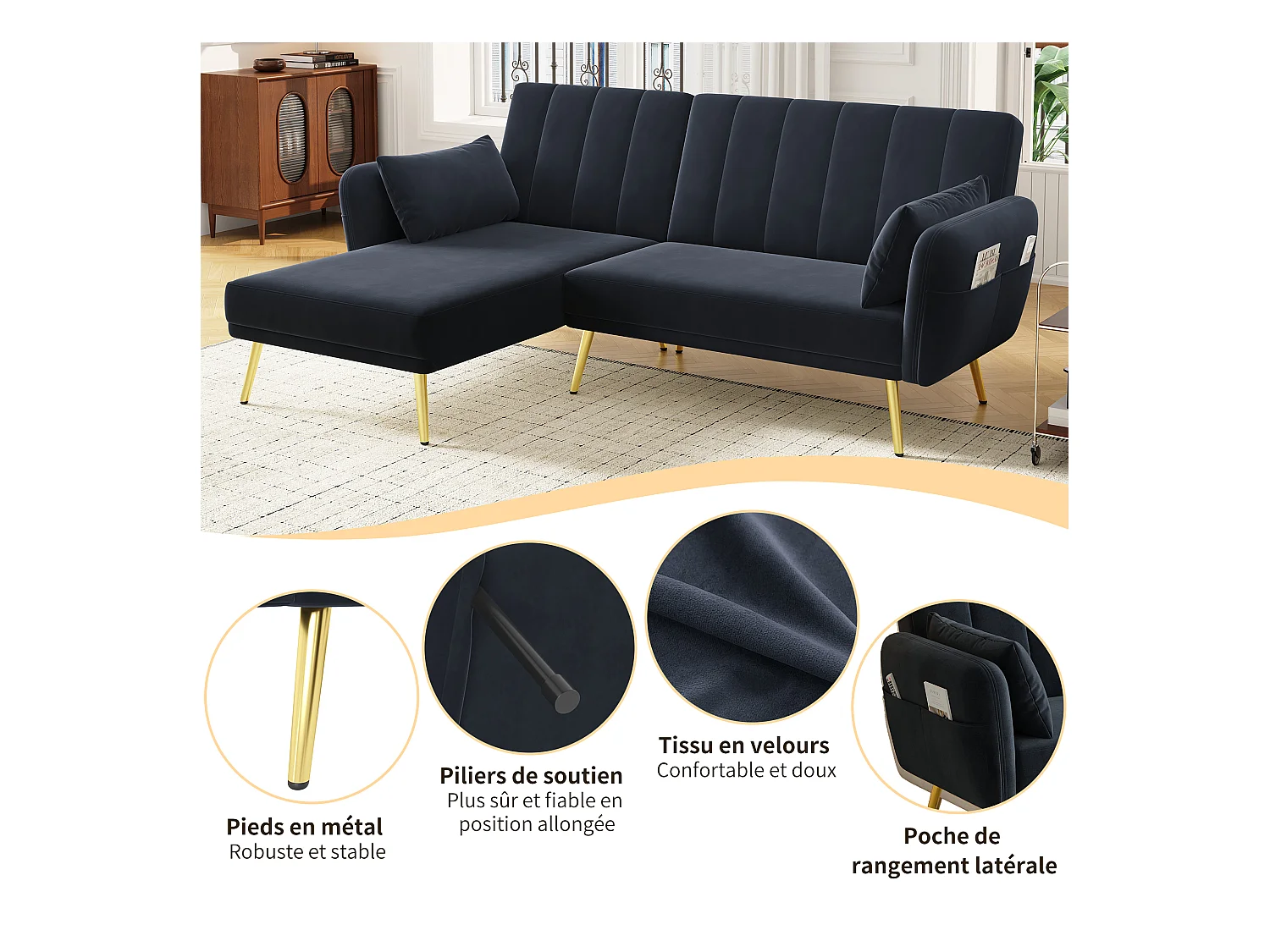 Canapé en L pliant avec fonction couchage et angle supplémentaire. Gain de place pour salon, chambre, chambre d'amis et home cinéma. Vidéo incluse.