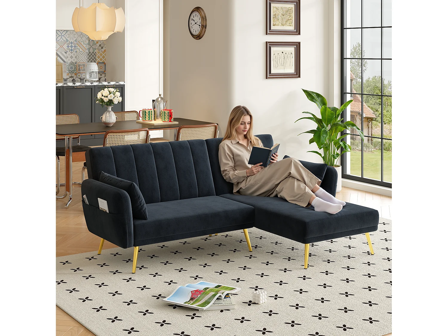 Canapé en L pliant avec fonction couchage et angle supplémentaire. Gain de place pour salon, chambre, chambre d'amis et home cinéma. Vidéo incluse.