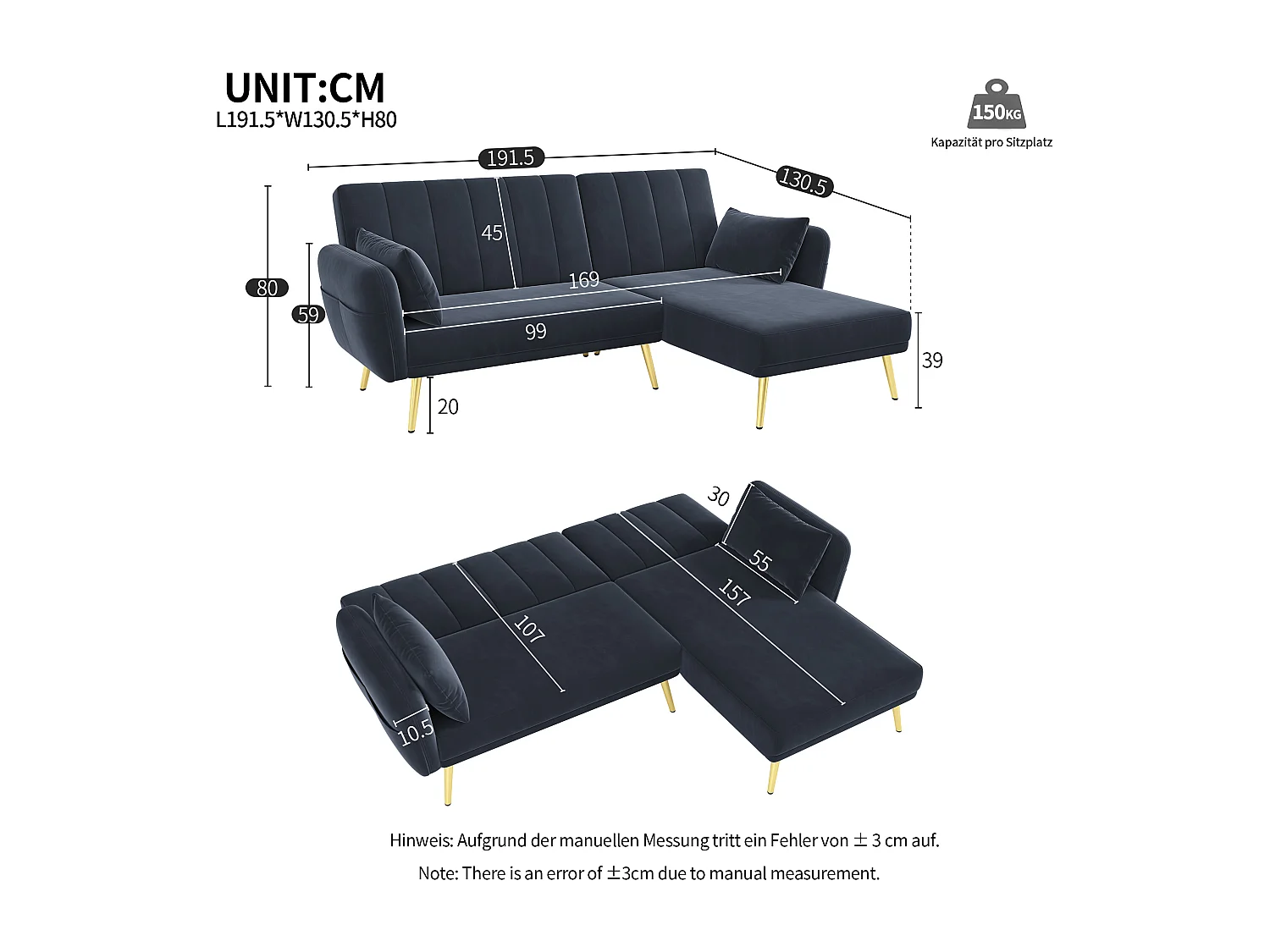 Canapé en L pliant avec fonction couchage et angle supplémentaire. Gain de place pour salon, chambre, chambre d'amis et home cinéma. Vidéo incluse.