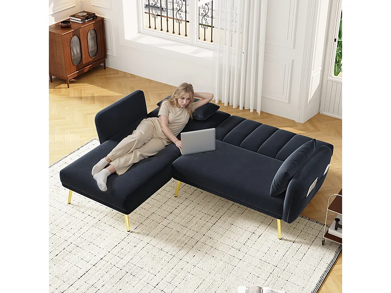 Canapé en L pliant avec fonction couchage et angle supplémentaire. Gain de place pour salon, chambre, chambre d'amis et home cinéma. Vidéo incluse.