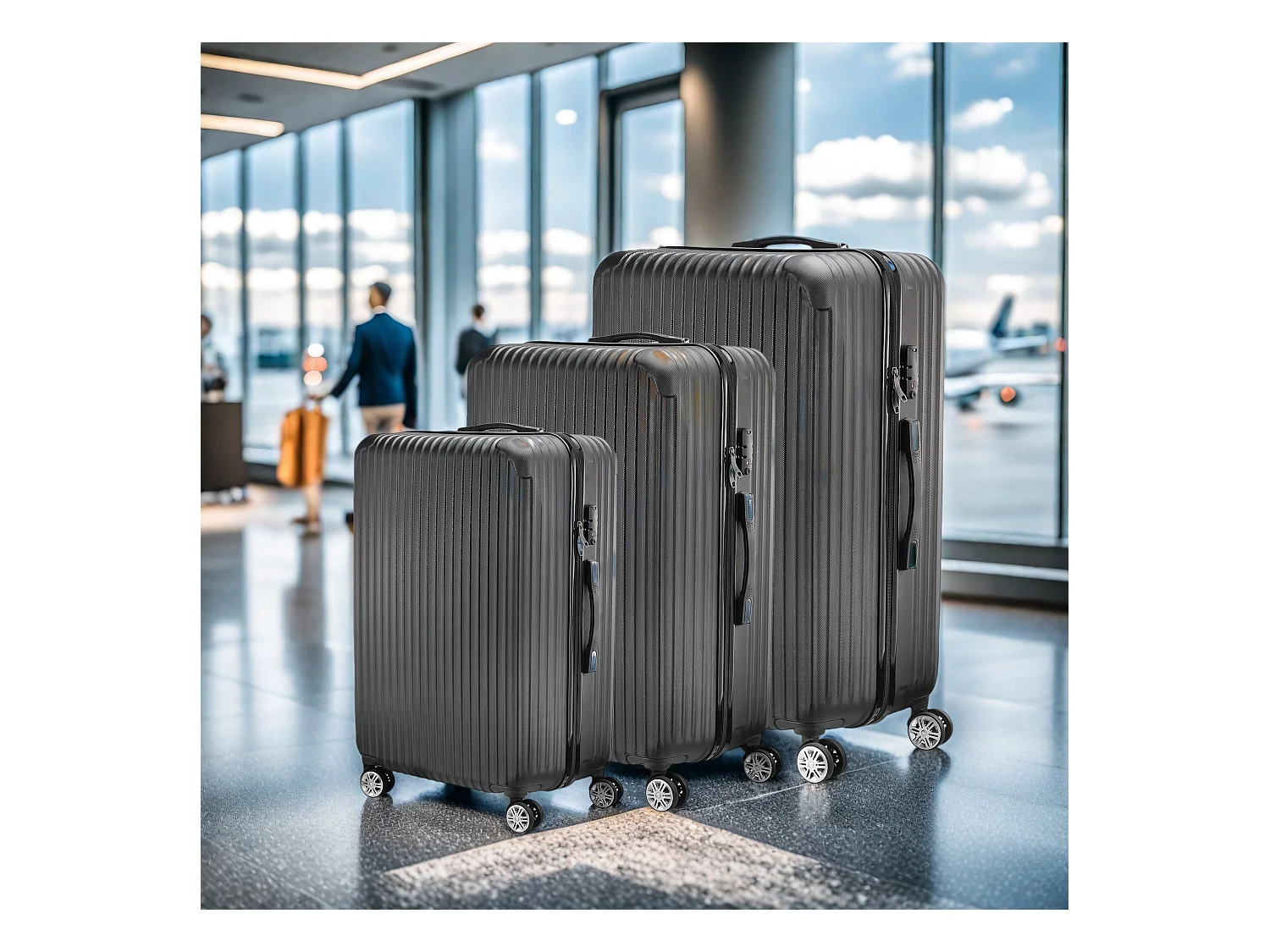 Maleta de viaje ABS de 3 piezas con cerradura de código y ruedas de 360°, color negro