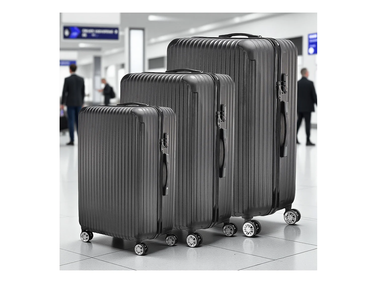 Maleta de viaje ABS de 3 piezas con cerradura de código y ruedas de 360°, color negro