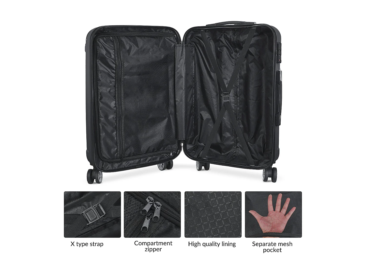 Valise de voyage ABS avec 4 roulettes pivotantes - Lot de 3 tailles