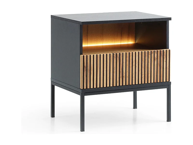 Nachttisch mit 1 Schublade und integrierter LED Schwarz und Eiche 54x56 cm
