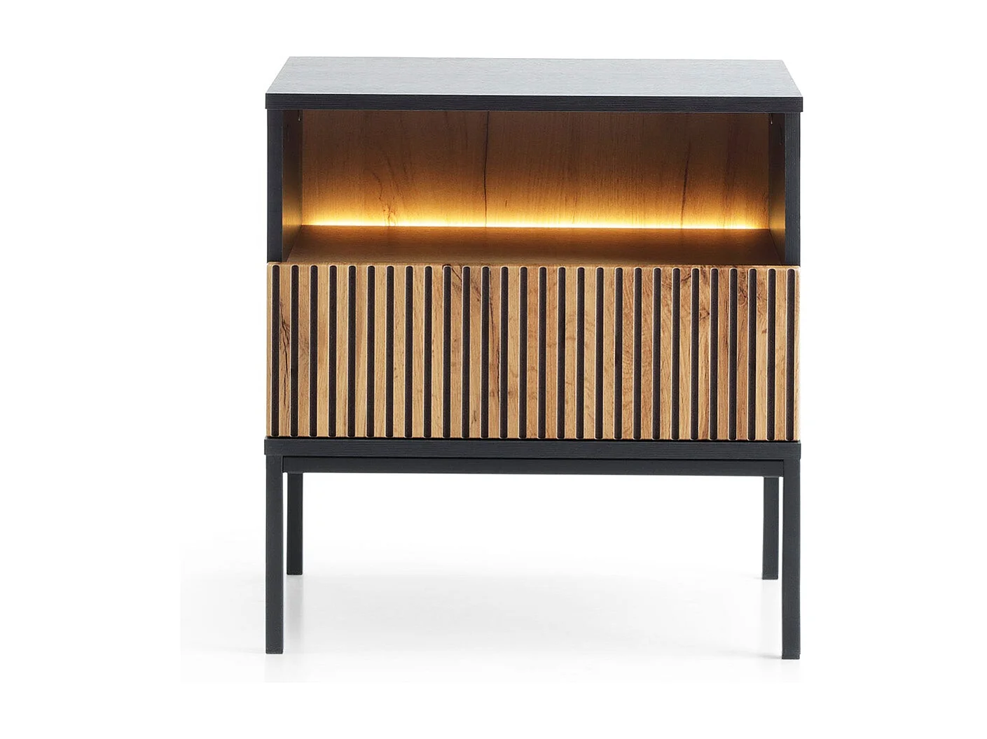 Comodino con 1 cassetto e LED integrato Nero e Rovere 54x56 cm