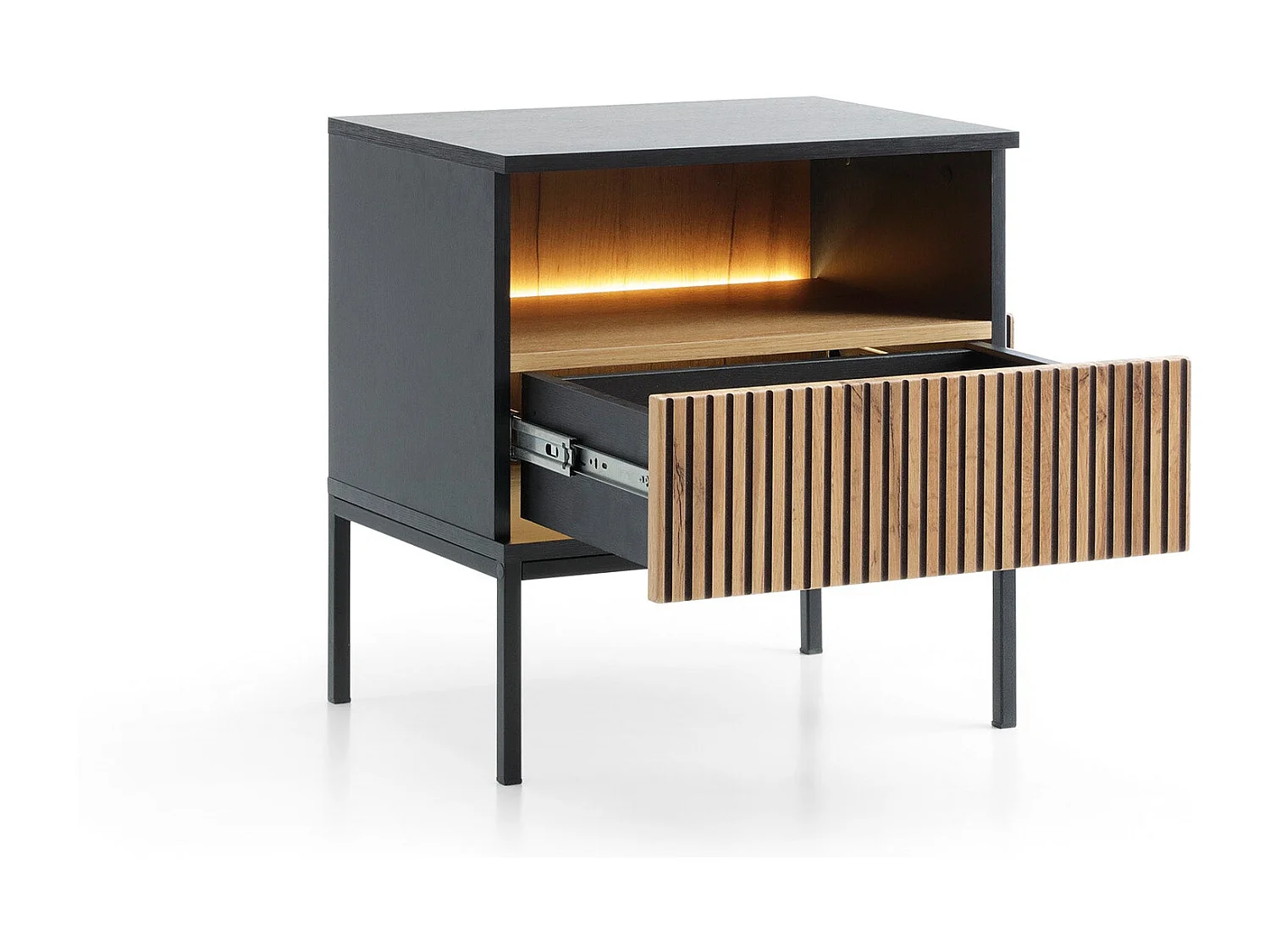 Comodino con 1 cassetto e LED integrato Nero e Rovere 54x56 cm