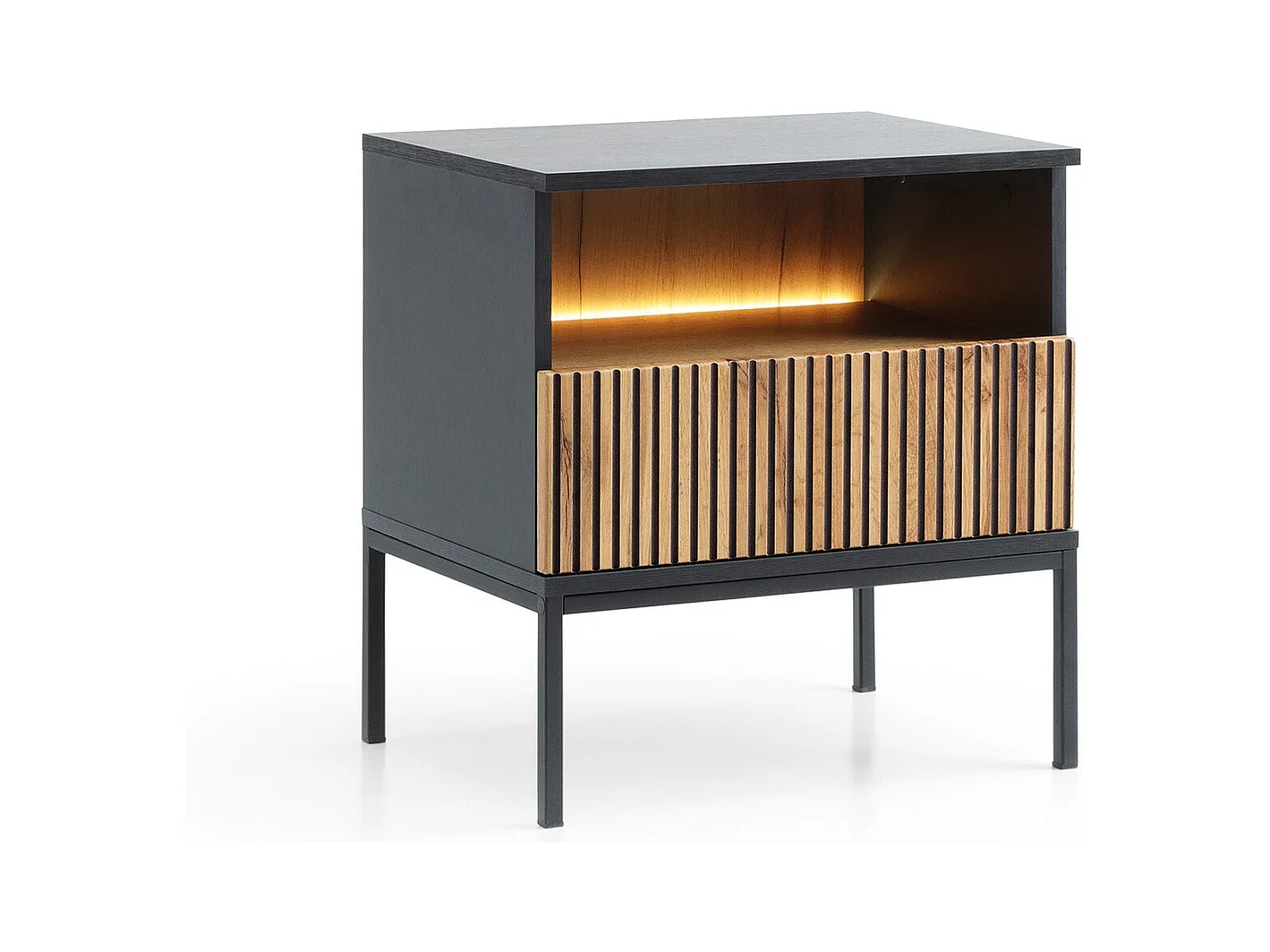 Table de chevet avec 1 tiroir et LED intégrée Noir et Chêne 54x56 cm