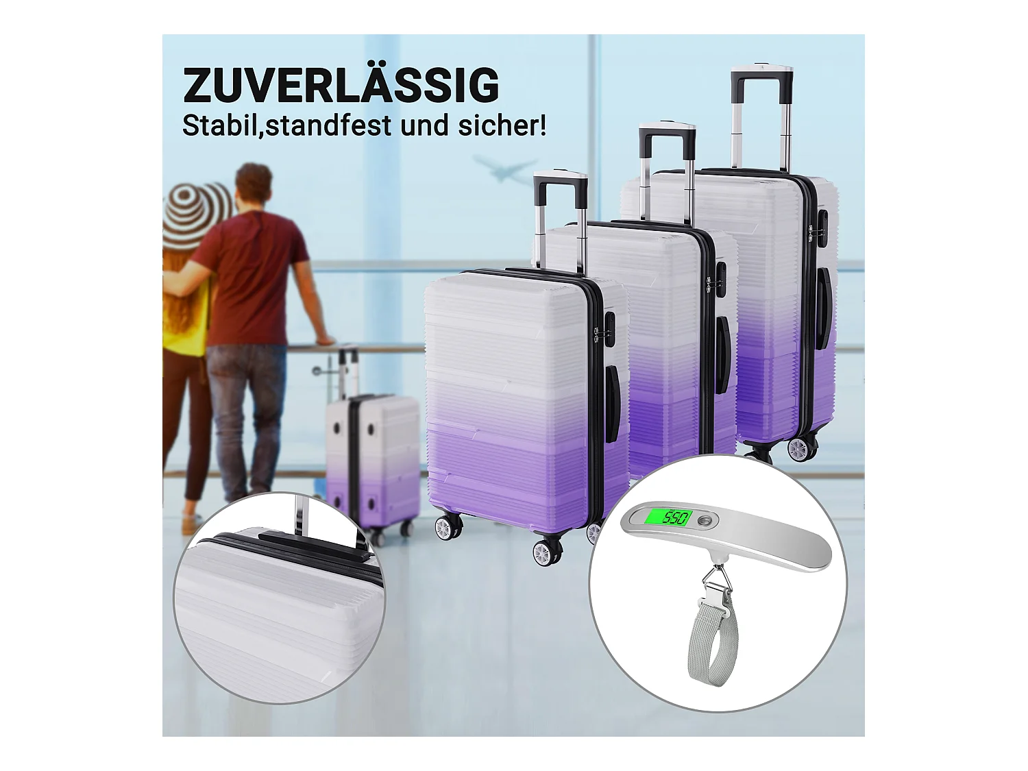Ensemble de bagages de voyage à motif dégradé violet – 3 tailles (50,8 cm, 61 cm, 71,1 cm) + pèse-bagages portable