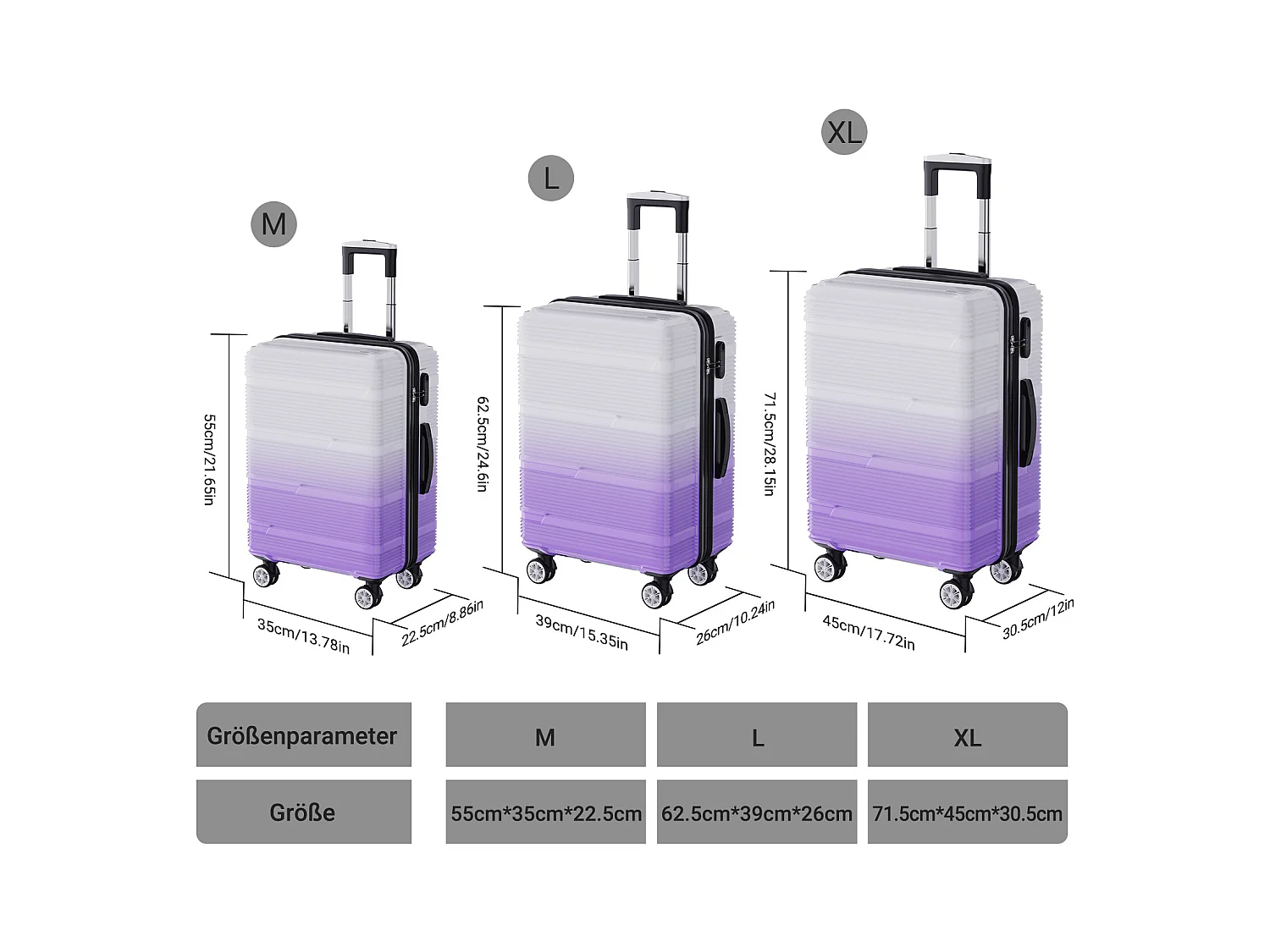 Reisbagageset met paars gradiëntontwerp - 3 maten (20"/24"/28") + draagbare bagageweegschaal