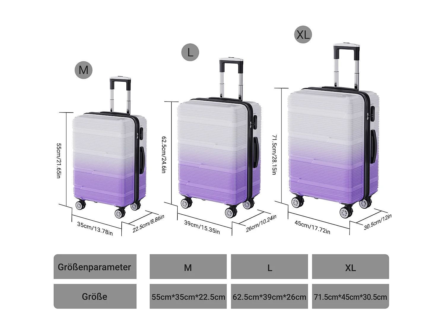 Reisbagageset met paars gradiëntontwerp - 3 maten (20"/24"/28") + draagbare bagageweegschaal