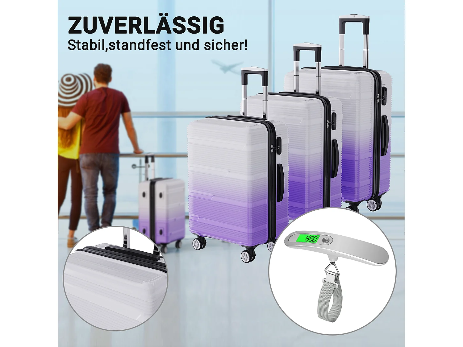 Reisbagageset met paars gradiëntontwerp - 3 maten (20"/24"/28") + draagbare bagageweegschaal