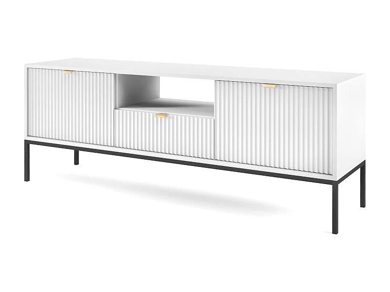 TV-Ständer mit 2 Türen und 1 Schublade, mit schwarzen Metallfüßen, 154 x 56 cm