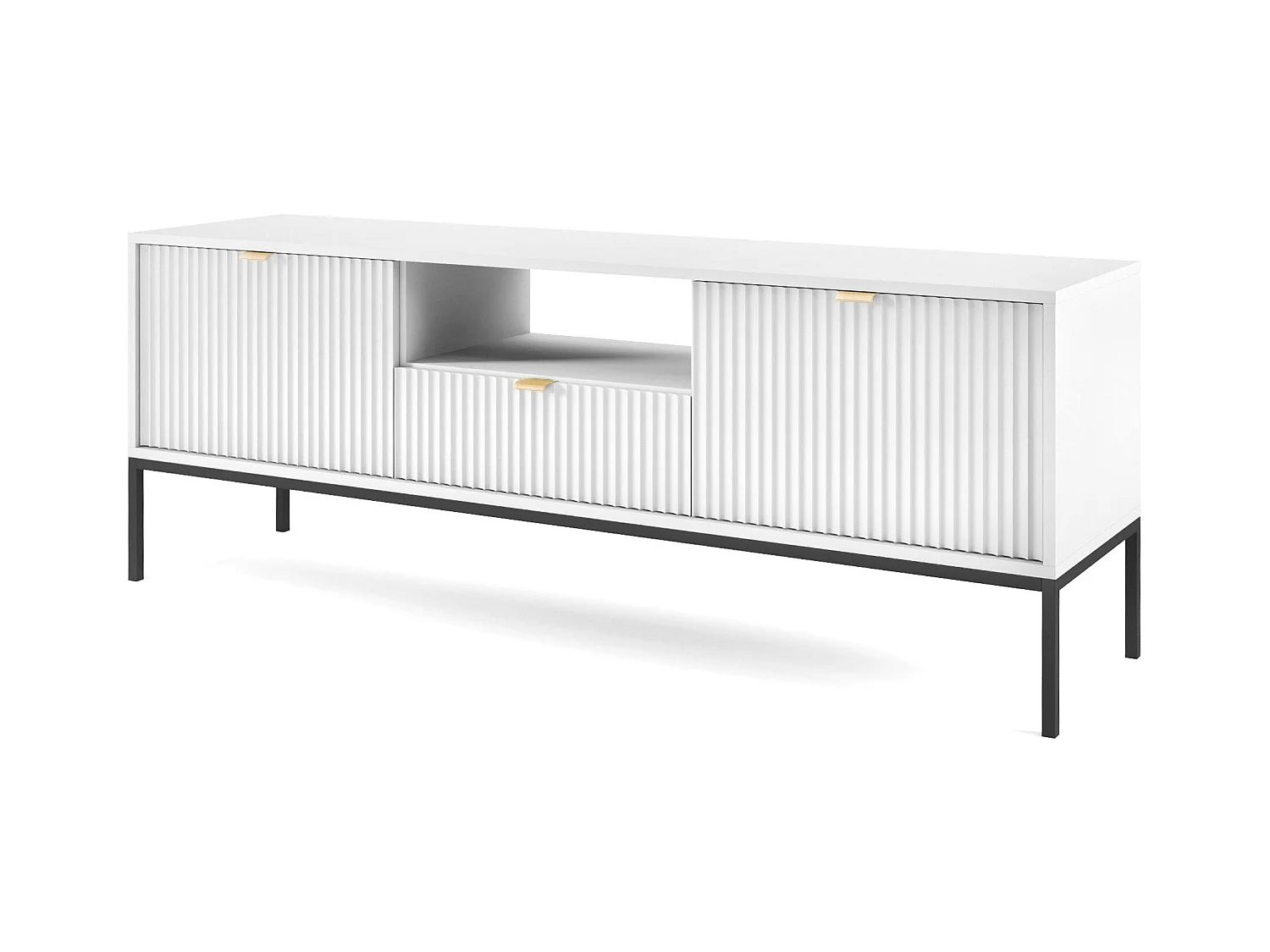 TV-Ständer mit 2 Türen und 1 Schublade, mit schwarzen Metallfüßen, 154 x 56 cm