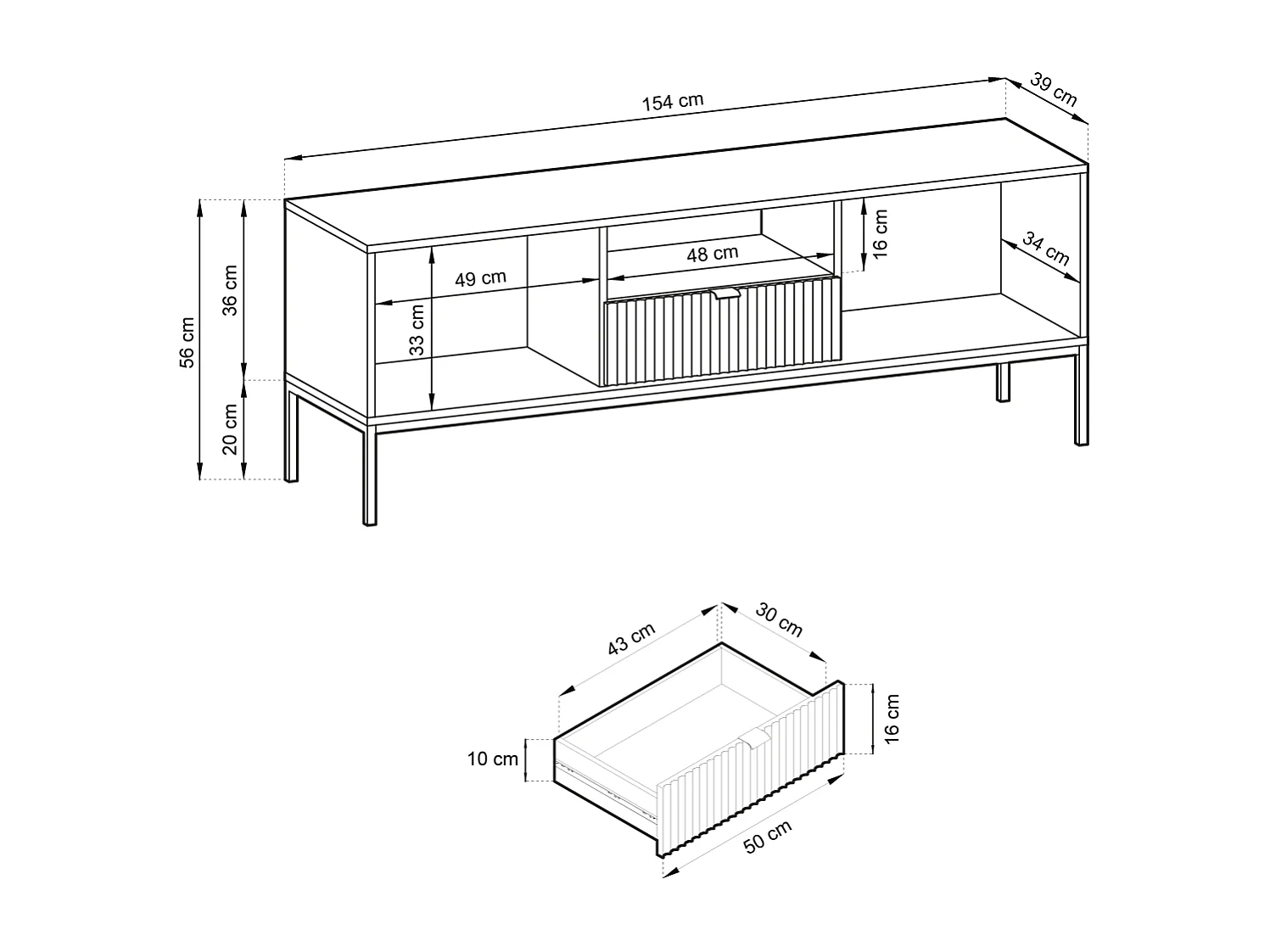 TV-Ständer mit 2 Türen und 1 Schublade, mit schwarzen Metallfüßen, 154 x 56 cm