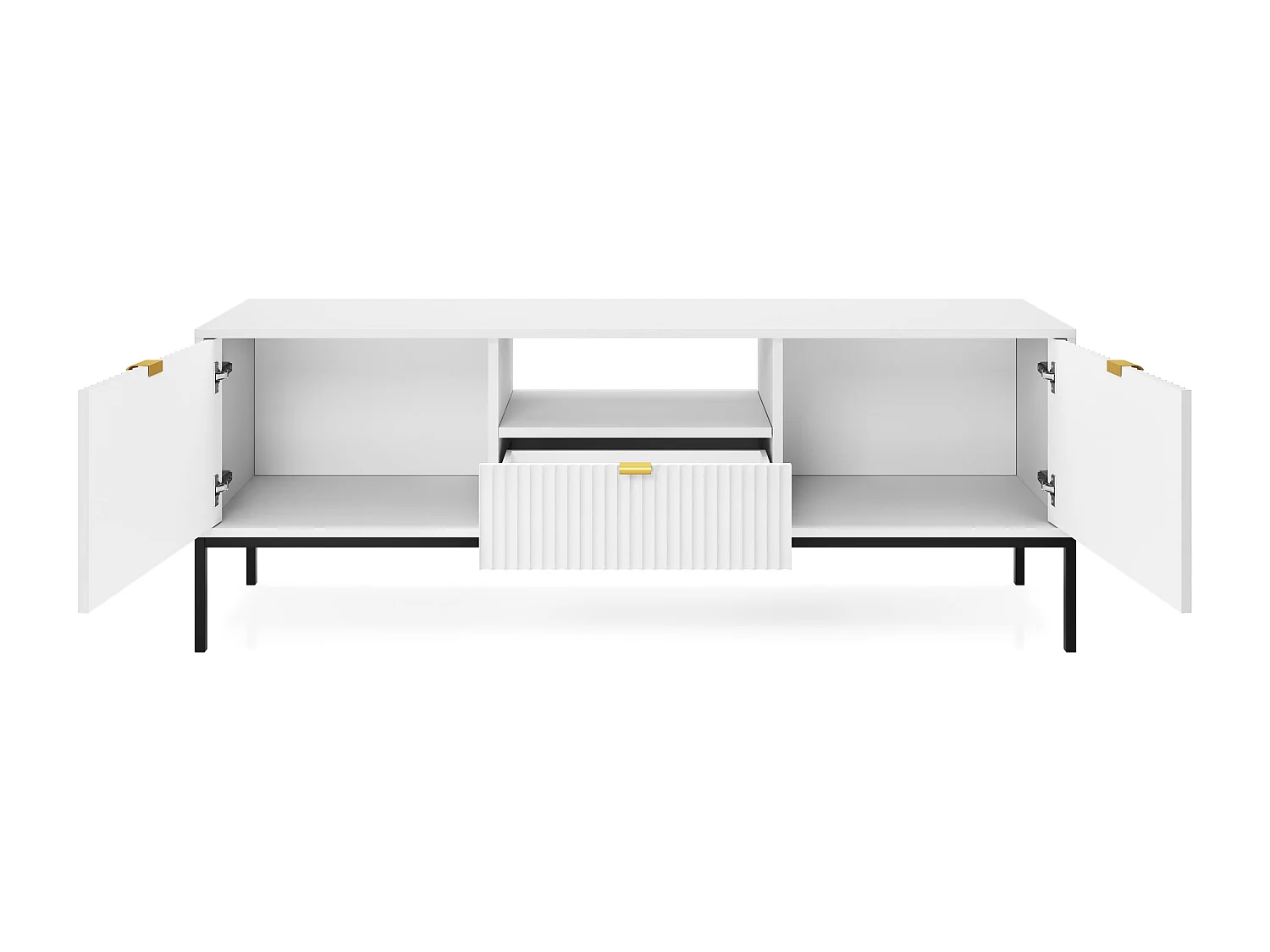 Meuble TV 2 portes, 1 tiroir avec pieds en métal noir, 154x56 cm