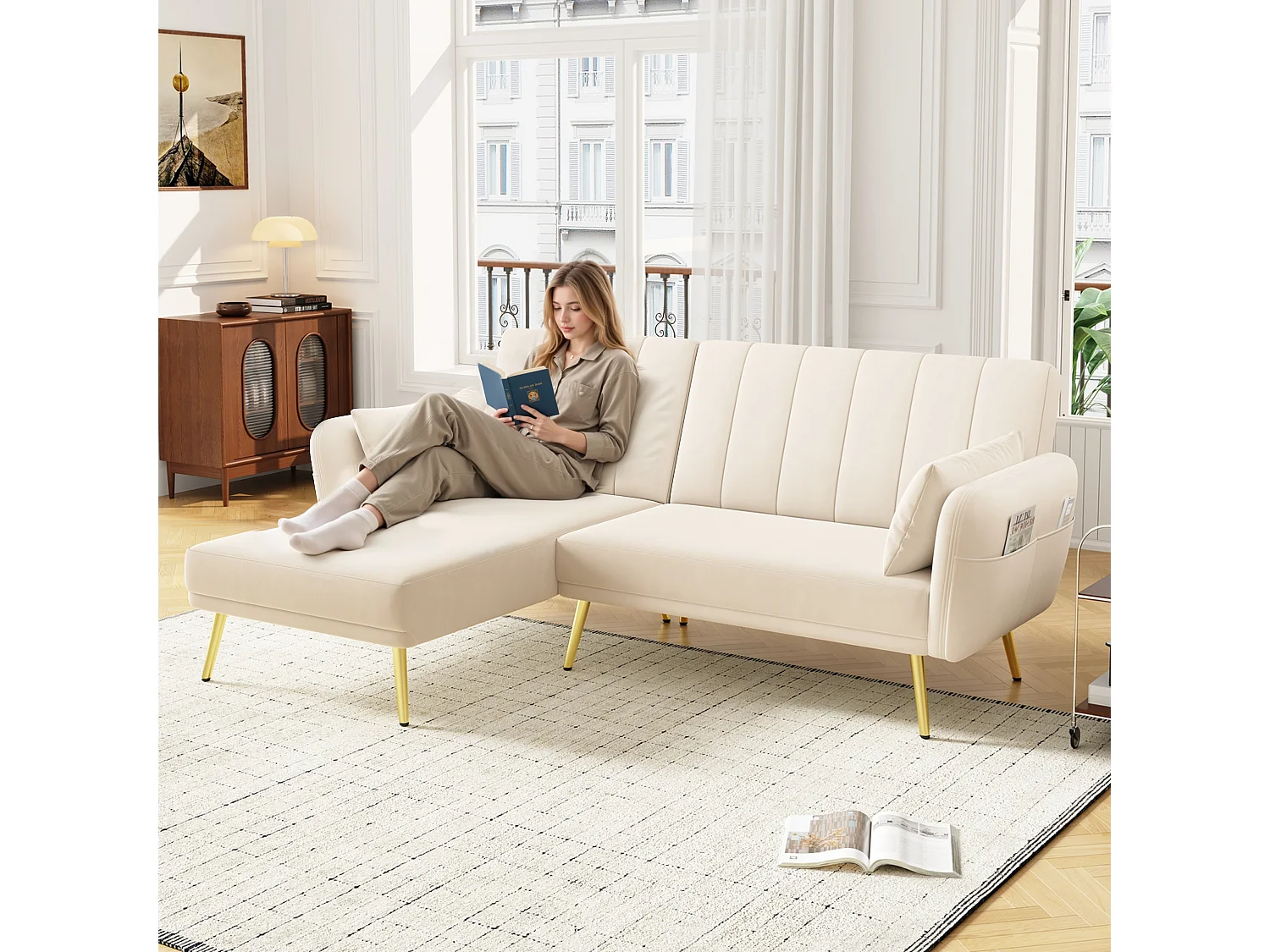 L-Form Klappsofa mit Zusatzecke & Schlaffunktion. Modernes Ecksofa zum Ausziehen. Platzsparend für Wohnzimmer, Schlafzimmer, Gästezimmer & Heimkino. Inkl. Video.