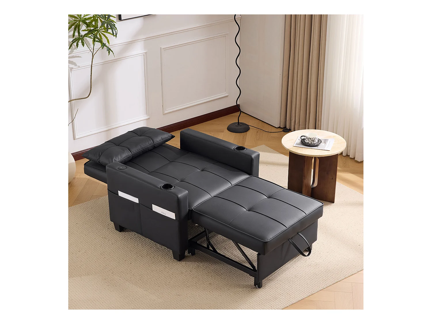 Canapé-lit gigogne 3 en 1 avec porte-gobelets et port USB, chaise longue réglable en fauteuil ou en lit, gain de place pour les petites pièces