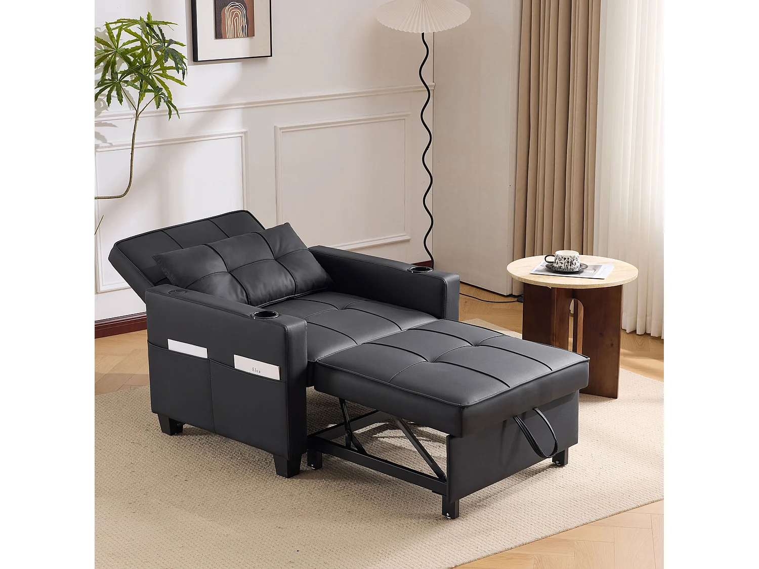 Canapé-lit gigogne 3 en 1 avec porte-gobelets et port USB, chaise longue réglable en fauteuil ou en lit, gain de place pour les petites pièces