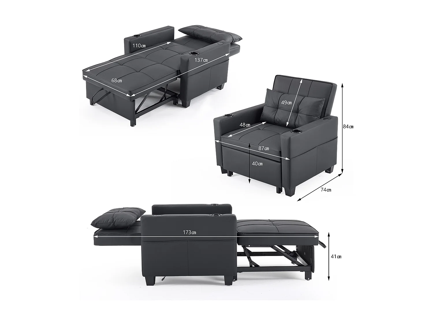 Canapé-lit gigogne 3 en 1 avec porte-gobelets et port USB, chaise longue réglable en fauteuil ou en lit, gain de place pour les petites pièces