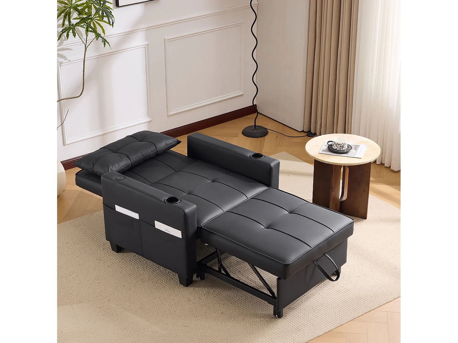Canapé-lit gigogne 3 en 1 avec porte-gobelets et port USB, chaise longue réglable en fauteuil ou en lit, gain de place pour les petites pièces