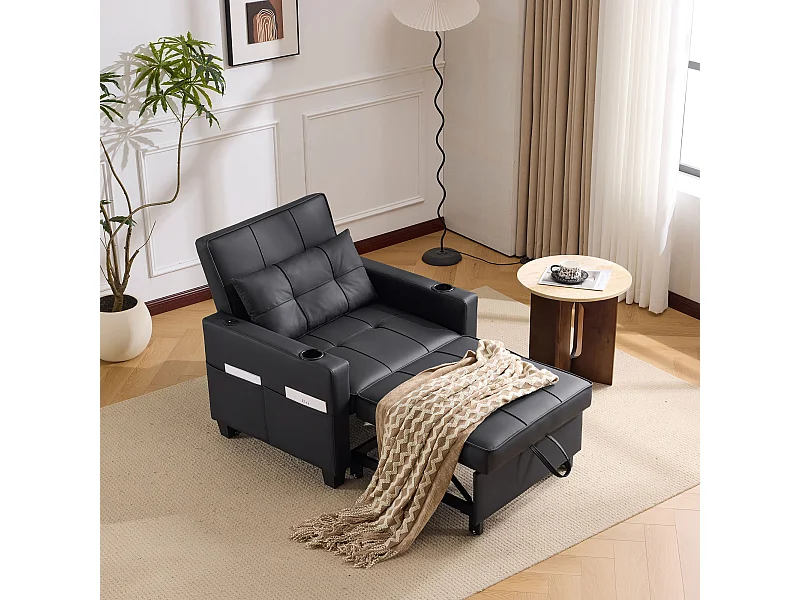 Canapé-lit gigogne 3 en 1 avec porte-gobelets et port USB, chaise longue réglable en fauteuil ou en lit, gain de place pour les petites pièces