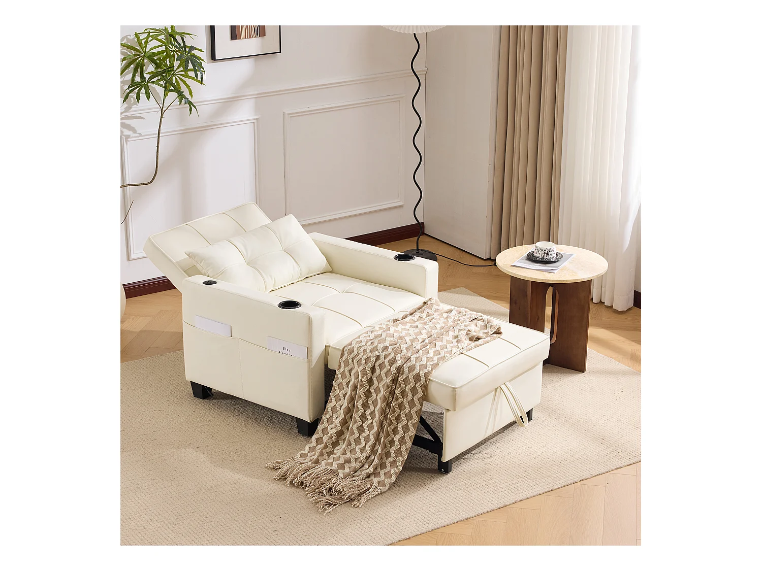 3-in-1 Schlafsofa ausziehbar mit Getränkehaltern & USB-Anschluss, verstellbarer Sessel-Liegestuhl für kleine Räume, Sofa zu Bett