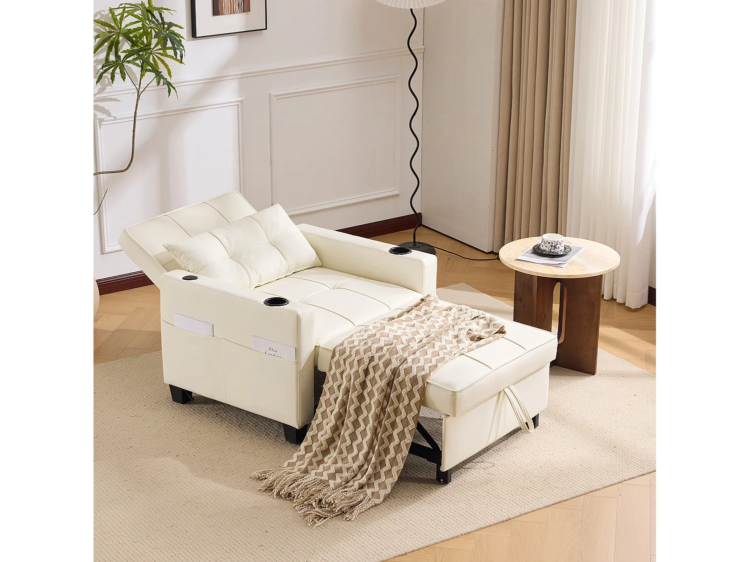 Canapé-lit 3 en 1 avec porte-gobelets et port USB, chaise longue réglable pour les petits espaces, canapé-lit