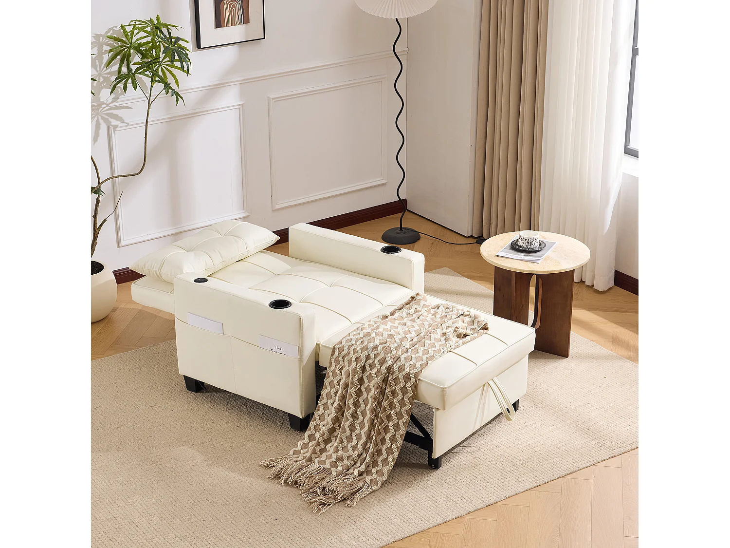 Canapé-lit 3 en 1 avec porte-gobelets et port USB, chaise longue réglable pour les petits espaces, canapé-lit