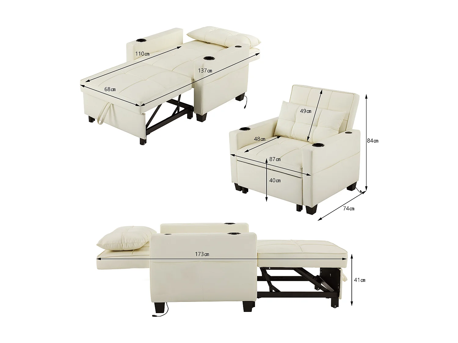 Canapé-lit 3 en 1 avec porte-gobelets et port USB, chaise longue réglable pour les petits espaces, canapé-lit