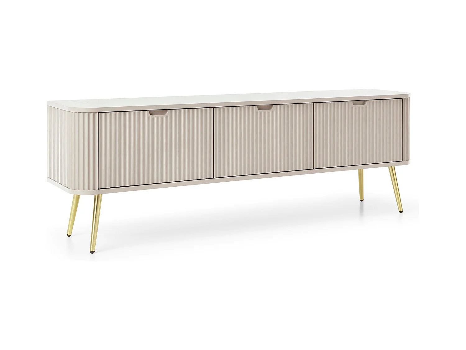 Meuble TV 3 portes avec pieds en métal doré 168x56 cm