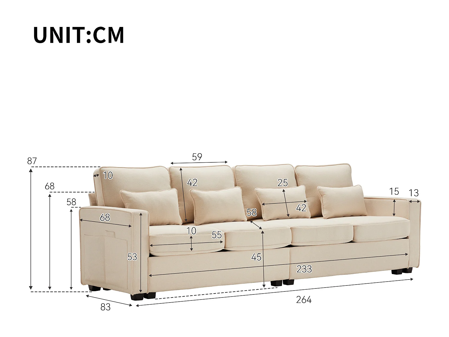 Divano moderno a 4 posti in tessuto di lino, con tasche sui braccioli e 4 cuscini, design semplice per soggiorno, casa e ufficio, disponibile in 3 colori