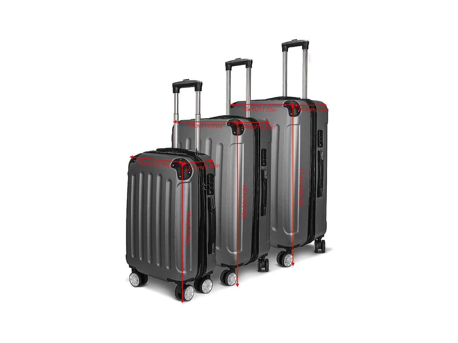 Set van 3 donkergrijze ABS-koffers met 4 360°-wielen en TSA-slot