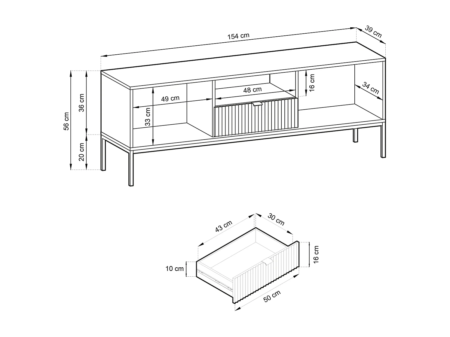 TV-Ständer mit 2 Türen und 1 Schublade, mit schwarzen Metallfüßen, 154 x 56 cm