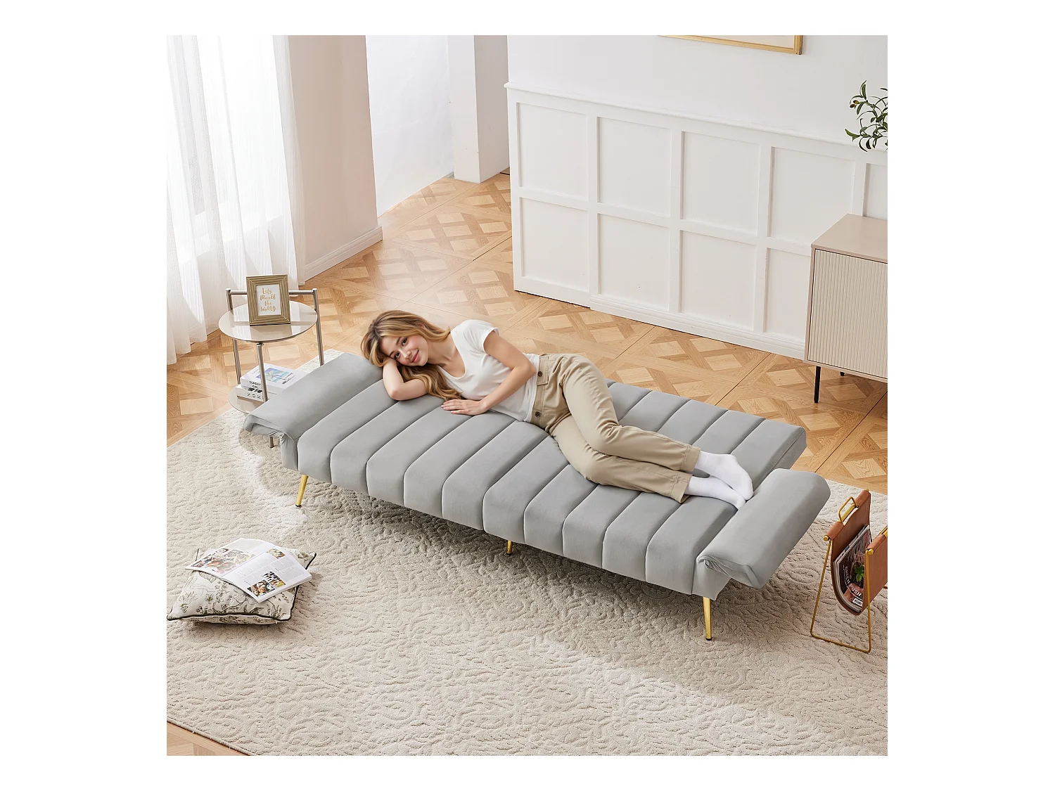 Moderno sofá cama doble de terciopelo, plegable, con patas ajustables y video instructivo. Ideal para salón, dormitorio, habitación de invitados y cine en casa.