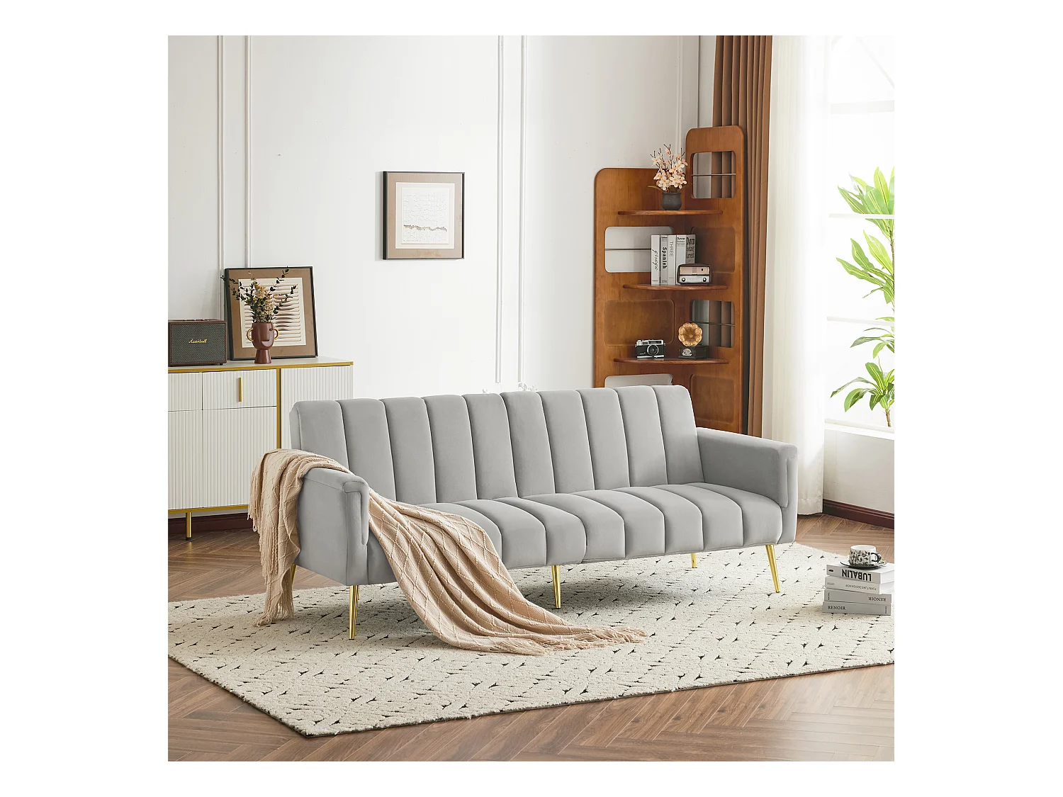 Moderno sofá cama doble de terciopelo, plegable, con patas ajustables y video instructivo. Ideal para salón, dormitorio, habitación de invitados y cine en casa.